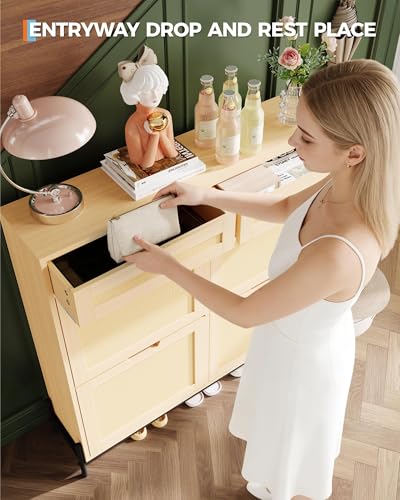 Garvee Armario Zapatero De Ratán para Entrada - 4 Puertas Abatibles, Estantes Ajustables para 20 Pares, Mueble Organizador Compacto, Conjunto Anti-Vuelco, Medidas 100x24x88 Cm - imagen 3