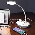 Bodun LED Desk Lamp with 2 USB Charging Port and 2 AC Power Outlet - Adjustable Gooseneck, 3 Level Brightness, Eye-Caring Small White Table Lamp for Home Office College Dorm Room Essentials