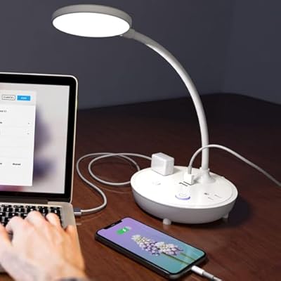 Bodun LED Desk Lamp with 2 USB Charging Port and 2 AC Power Outlet - Adjustable Gooseneck, 3 Level Brightness, Eye-Caring Small White Table Lamp for Home Office College Dorm Room Essentials