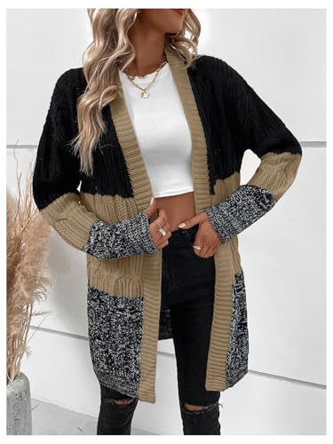 MakeMeChic Women's Color Block Cable Knit Open Front Sweater Cardigan Long Sleeve Outerwear3
