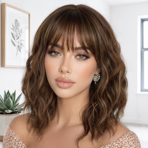 Image of AISI HAIR Bob Curly Wig with Bangs Short Wavy Wigs for Women