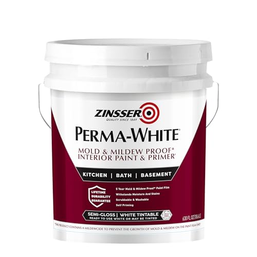Zinsser 2750 PERMA-WHITE Mold & Mildew Proof Interior Paint, 5 Gallon, Semi-Gloss White