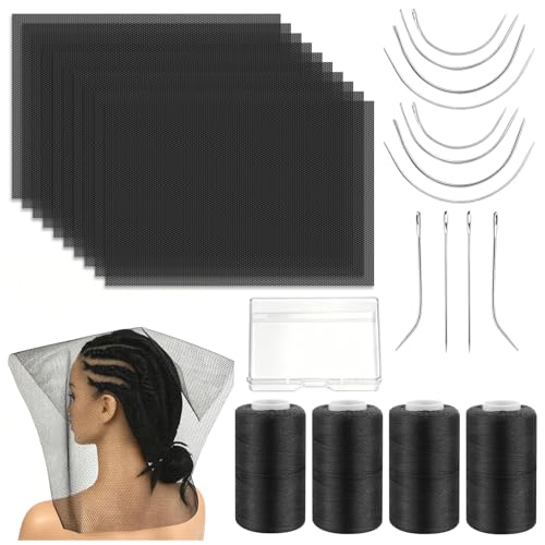 26Pcs Hair Net for Sew in Weave Kit 10 Black Weaving Nets for Sew in with 12 Hair Sewing Needles 1 Storage Box Stretchy 4 Rolls Black Thread for Making Wig Sew in Weave Extension