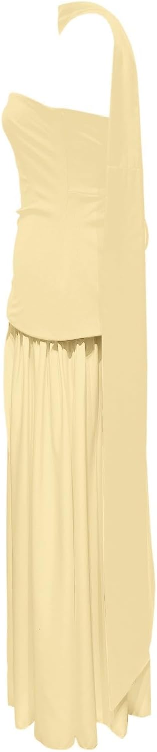 Women's Strapless Maxi Dress Off Shoulder Sleeveless Side Split Patchwork Pleated Cocktail Party Dresses