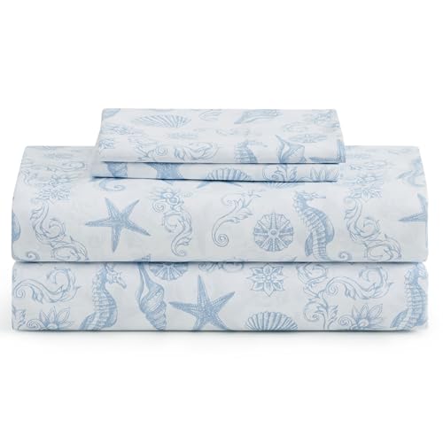 Caribbean Joe Coastal Print Microfiber Sheet Set Soft Comfy 12 Deep Pockets 4-Piece Queen Coastal Brocade