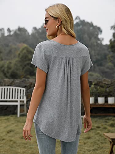Amclos Womens Tops V Neck T-Shirts Swing Ruffle Blouses Button Up Tunic Casual Flowy Henley Short Sleeve (Small, Gray) #TOP1