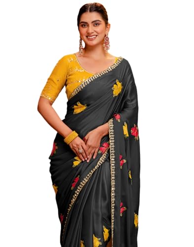 Image of SIRIL Women's Embroidery, Mirror Work, Scalloped Border Shimmer Georgette Saree With Unstitched Blouse Piece