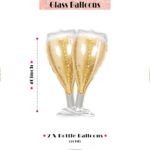 Image of Bachelorette Party Balloons Set - 2 Champagne Bottles, 2 Champagne Glasses & 4 Diamond Ring Balloons - Engagement, Bridal Shower, Hen Party Decorations (2 Pac)