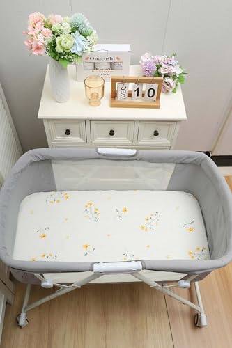 Image of Onacosht Muslin Bassinet Sheets 3 Pack, 35 inchx20 inch, Leaf and Floral Beige | Compatible with AMKE 3-in-1, MiClassic, Uiuwoo, Foalom, YADAQE, Milliard & TCBunny Bassinets, baby girl, 100% cotton