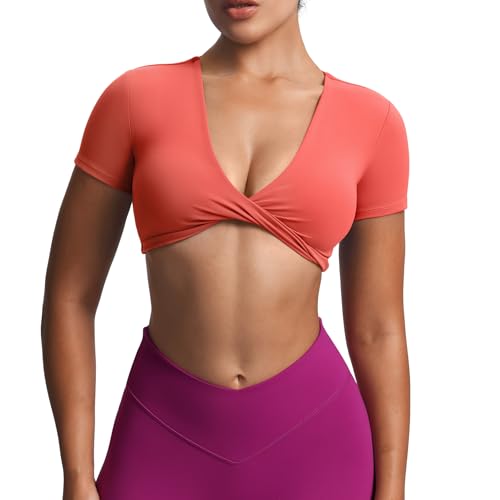 Image of Aoxjox Short Sleeve Crop Tops for Women Sienna Twist Deep V Workout Cropped T Shirt Top