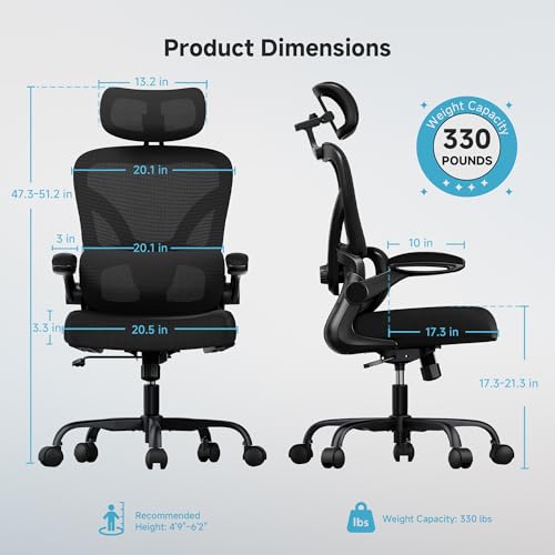 PKPT Ergonomic Office Chair, 330LBS Desk Chair with 3-Level Lumbar Support & Headrest, Breathable Mesh Backrest, Flip-Up Armrests for Home Office and Gaming, Black by PKPT - Used condition - Image 2