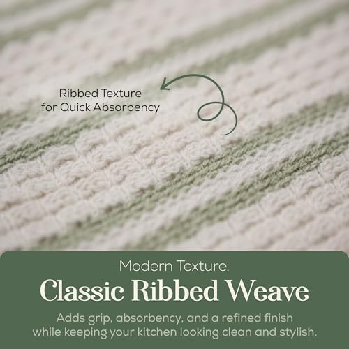 Image of Kitchen Towels, Cotton Hand Towels, Sage Green and Cream Ribbed - Mini Weaved Stitched Set of 4 Absorbent Hand Drying Cloths, 18 x 28 Kitchen Linens