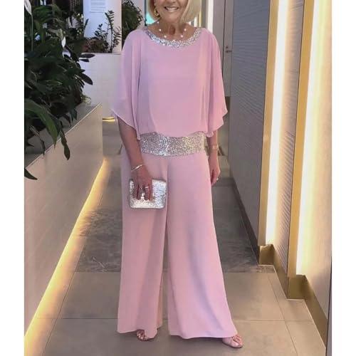 Mother of The Bride Pant Suits Sequin Chiffon 3/4 Sleeve Blouse Wide Leg Pants Suit Wedding Guest Outfit for Women3