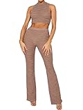 Annystore Women Sexy 2 Piece Outfits Summer Sleeveless Mesh Sheer Tank Crop Top High Waist Flare Pan