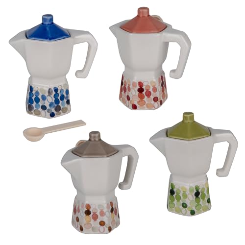Doni Bomboniere Matrimonio 6 pz Zuccheriera di Moka in Ceramica Italiana in 4 Varianti Differenti con Motivo Puntinato Corredata da Cucchiaino in Legno Idee Utili Sposi Nozze Originale