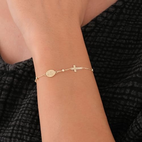 Image of MIONZA Catholic Medal Cross Bracelet for Women | 14K Gold Plated or Solid Gold, Religious Rosary Jewelry, Choose Your Saint Medal Bracelet