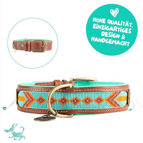 DWAM Dog with a Mission - Hundehalsband XL | Farbenfroh Türkis, Orange mit Perlen | Boho, Ethno, Ibiza, Hippie | Extra große Hunde | Handgemacht | Modisch und Bunt | Weichem Echtes Leder | 4 cm Breit