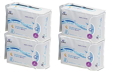AIRIZ Compresas sanitarias originales con oxígeno activo e iones negativos de algodón suave para la noche, paquete de 4 (32 unidades)