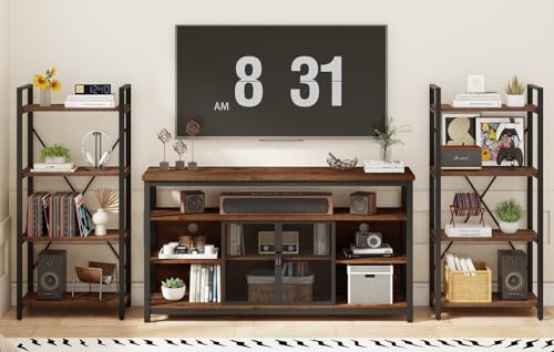 BON AUGURE Tall Industrial TV Stand for TVs up to 65 Inch, Industrial Entertainment Center with Storage Cabinet, Wood Metal Book Shelves for Living Room, Bedroom and Office (Rustic Oak)