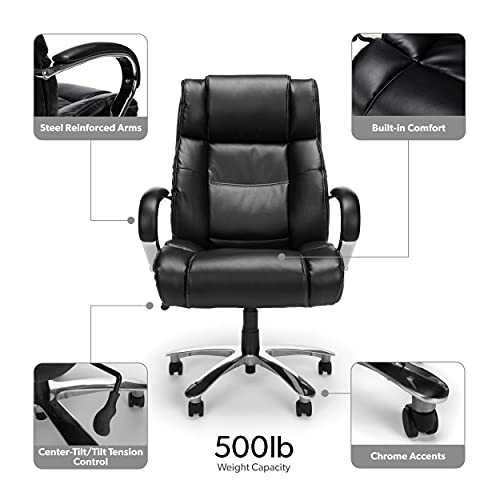Ofm Avenger Leather Big Tall 500Lb Max Weight Executive Office Chair, With Lumbar Support, Recline/Tilt Tension Controls, With Wheels For Computer/Desk, Black #TOP3