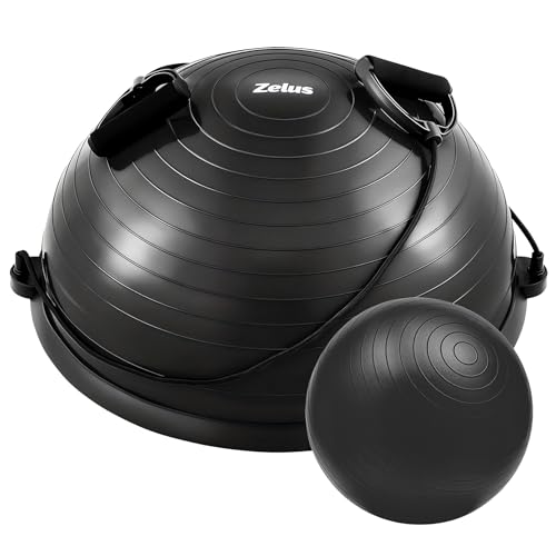 ZELUS Balance Ball Trainer with Resistance Bands & Foot Pump, Inflatable Yoga Ball for Home Gym Workouts, 23 Inch Exercise Half Ball for Balance Training Core Strength Fitness, 330lb Cap (Black)