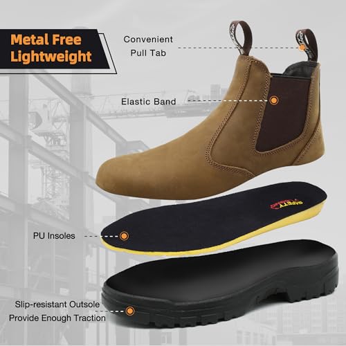 Image of Slip on Work Boots for Men Women Soft Toe Chelsea | Comfortable Leather Abrasion, Slip Resistant Sole, Easy to Slip On and Off, Water Resistant, Lightweight, Unisex Shoes
