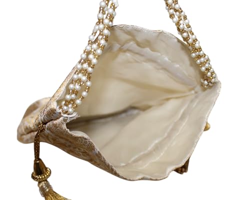 Image of MILAN'S CREATION Banarasi Silk Brocade Potli Bag Purse With Base Drawstring Women's handbag with Pearl Handle & Tassel Weddings