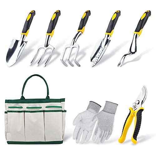Garden Tools Set - 8 Pieces Heavy Duty Cast-Aluminum Gardening Gifts Kit with Transplanter, Digging Weeder, Trowel, Cultivator, Weeding Fork, Garden Gloves and Storage Bag