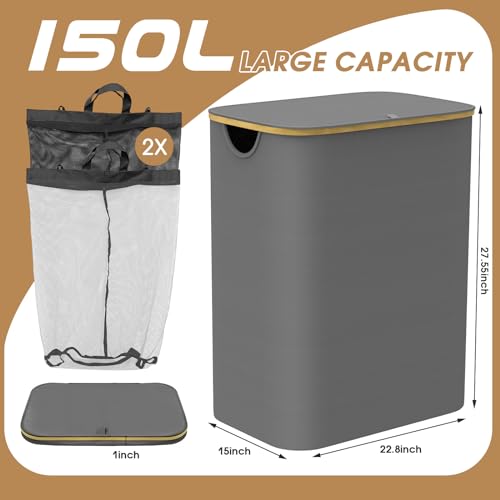 Large Gray Laundry Hamper with Lid and Removable Bags - 150L Capacity, 2 Sections, Perfect for Bedroom or Bathroom