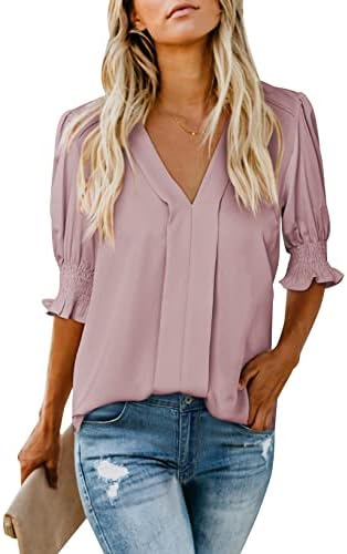 EVALESS Womens V Neck Blouses Dressy Fashion 2024 Casual Summer Puff Ruffle Short Sleeve Shirt Tops