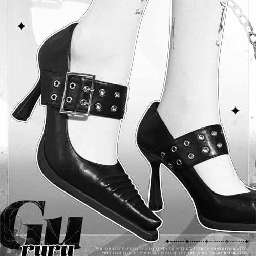 GURURU Goth Heels Buckle Shoes for Women Mary Jane Closed Pointed Toe High Heel Pumps Punk Heels4