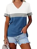 Minetom Women's Color Block Tops Short Sleeve V Neck T Shirts Summer Casual Tees