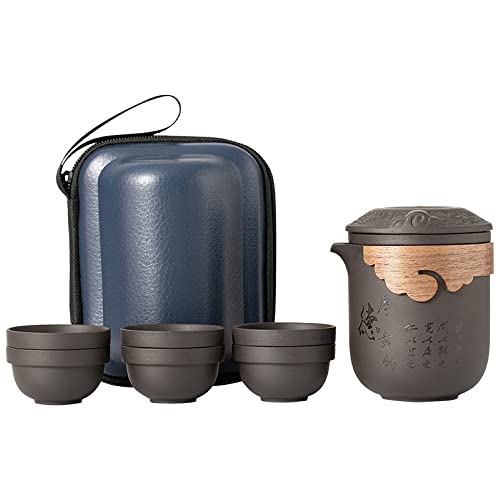 Generic FH-058036 Portable Travel Tea Sets With Case, Tea Infuser Chinese Kung Fu Teapot, 1 Pot 6 Mini Cups For Multiple Enjoying, 100% Handmade Purple Clay Teapot cover