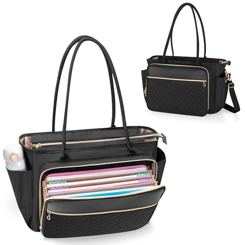 LUXJA Teacher Tote Bag with Accordion File Pocket, Teacher Bag for Women with 15.6 Inch Laptop Compartment, Black