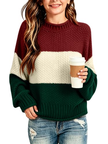 Putysenxi Girls Color Block Knit Sweaters Crewneck Long Sleeve Pullover Cozy Loose Fall Cute Sweater Tops Winter Outfits