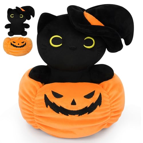 Peluche de gato preto com abóbora, peluche de gato de Halloween, gatinho preto, abóbora para meninos, decorações de Halloween, presentes para meninas e meninos