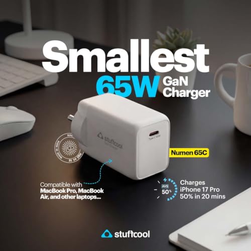 Image of Stuffcool Numen 65C, Smallest 65W GaN Charger with USB-C PD PPS, SFC 2.0 & 3.0, AVS Compatible, Fast Charging for MacBook Air, iPhone, Pixel & Samsung, Made in India
