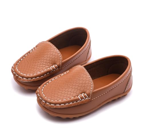 LONSOEN Toddler/Little Kid Boys Girls Soft Synthetic Leather Loafer Slip-On Boat-Dress Shoes/Sneakers Size 3 Little Kid,Light Brown,SHF103 CN35 - Thumbnail 4