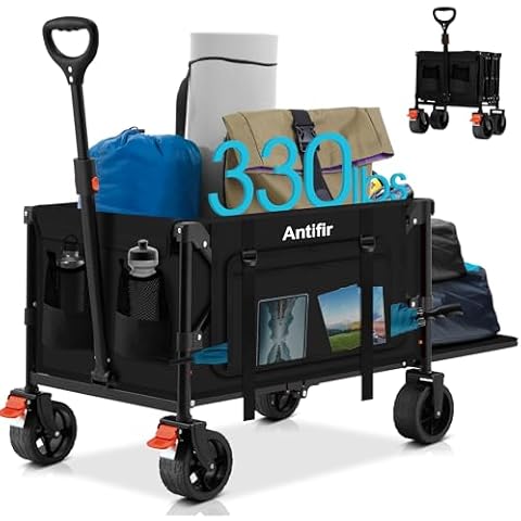 Collapsible Wagon with Tailgate,Foldable Cart with Wheels,330LBS Resting Large Capacity,2 Drink Holders & Side Pockets,Long Extender,for Groceries,Shopping,Camping,Beach,Garden,Black Cover