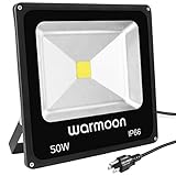 Warmoon Outdoor LED Flood Light, 50W Daylight White 6500K Waterproof Security Lights with 3-Prong US Plug