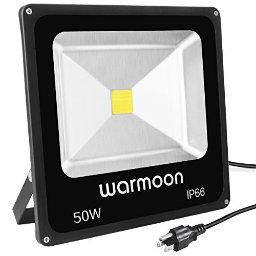 Warmoon Outdoor LED Flood Light, 50W Daylight White 6500K Waterproof IP66 Security Lights with 3-Prong US Plug