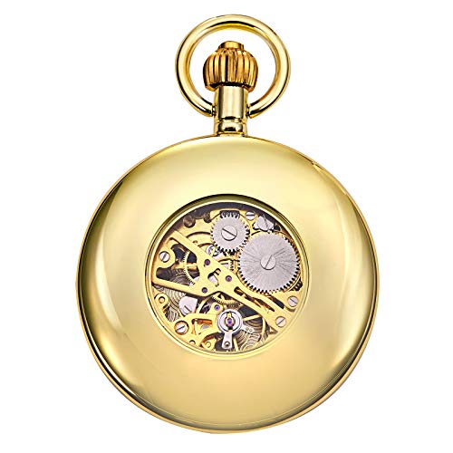 Treeweto Pocket Watch Gold Smooth Case Skeleton Dial Mechanical Movement With Chain + Box #TOP3