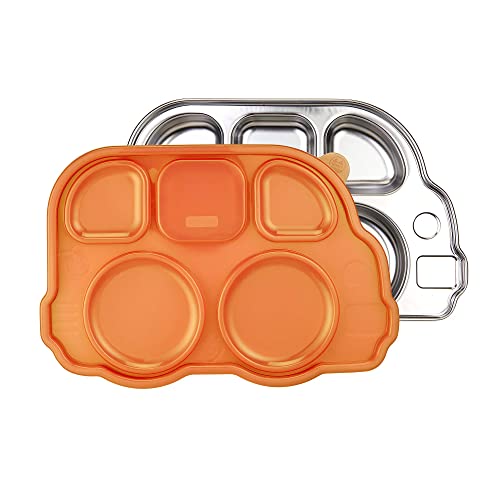 Innobaby Stainless Bus Plate with Airtight Sectional Lid, The Original, Leak-Resistant Divided Platter, Mom Invented Fun Shape Dish for Babies, Toddlers and Kids, BPA Free Plate