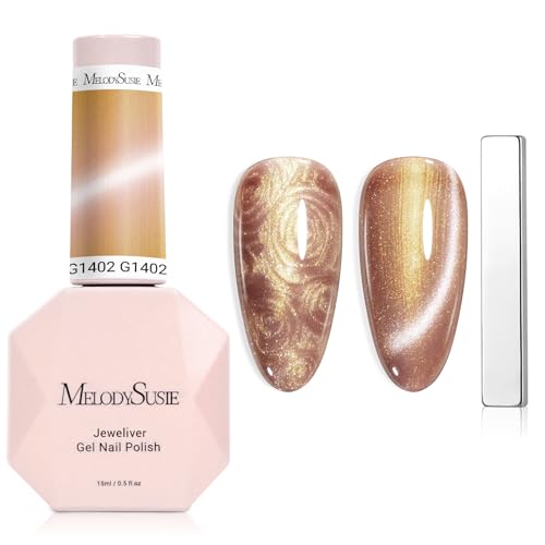 Image of MelodySusie Pearl Cat Eye Gel Nail Polish, 0.5 Fl Oz Gold Glitter Holographic Magnetic Nail Polish with Magnet, UV Nail Polish for Nail Art Manicure Salon DIY at Home G1402