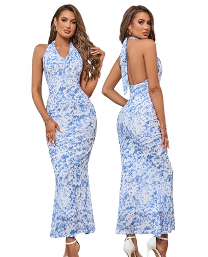 Image of HTZMO Women's Floral Bodycon Maxi Dress Halter V Neck Backless Casual Summer Long Dresses for 2024