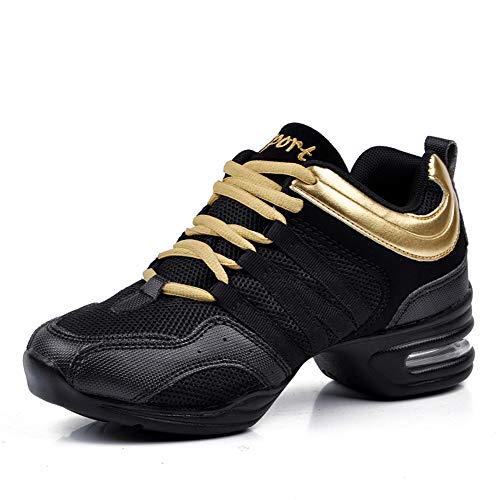 RUYBOZRY Women's Dance Sneakers Mesh Walking Shoes for Zumba Jazz Work Out Fitness Sports Modern Dance Shoes,729-Black Gold-3.5,US 6.5