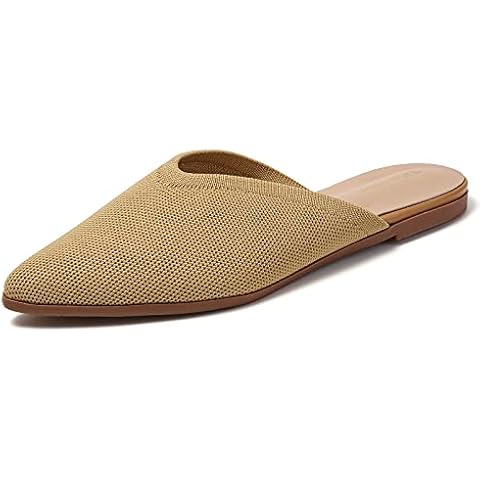 Tilocow Womens Pointed Toe Knit Mules Closed Backless Slides Flat Mules Shoes Ladies Slip on Loafers, Brown, 6.5 UK Cover