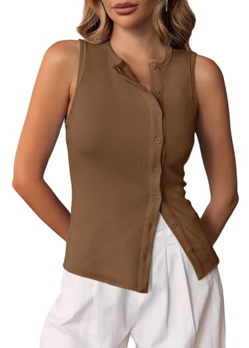Cicy Bell Womens Button Down Tank Tops Summer Sleeveless Vest Tops Trendy Ribbed Fitted Going Out Shirts Coffee