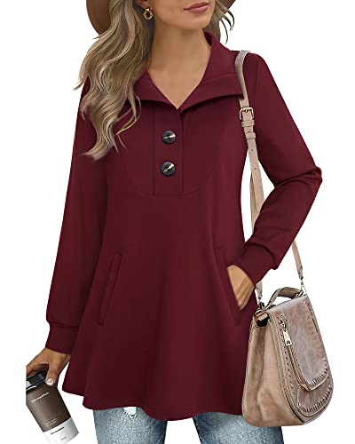 Youtalia Ladies Tunic Tops For Leggings, Women's Swing Tunic Sweatshirts Long Sleeve Lapel V Neck Top With Pockets Fashion Business Casual Sweatshirt Ladies Pullover Button Down Shirts Wine Large #TOP17