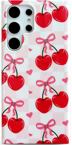 Qokey Pink Checkered Case for Galaxy S22 Ultra, Love Cherry, 5G 6.8"